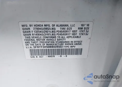 2011 Honda Pilot Ex-L z USA, uszkodzony, nr VIN 5FNYF3H50BB028503